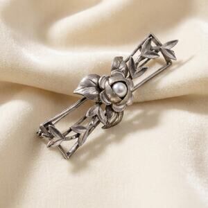 Vintage 925 Sterling Silver Floral Rose Brooch With Genuine Pearl